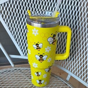 Yellow Bee Patterned 40 Oz Insulated Tumbler with Straw